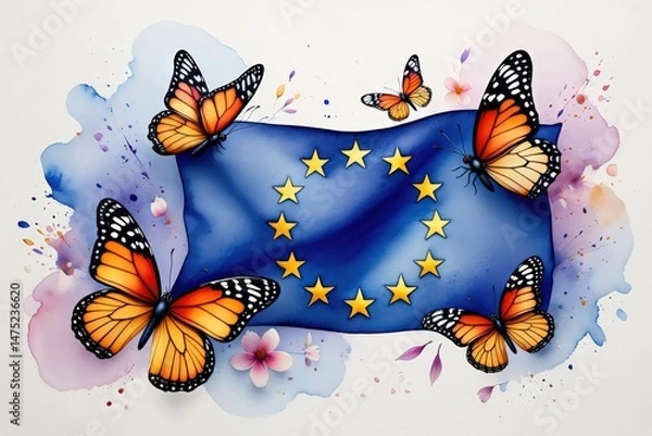 Fototapeta Colorful butterflies surrounding european union flag in vibrant artistic design. Artistic depiction of the EU flag with butterflies flying around, representing harmony, transformation, and the beauty 
