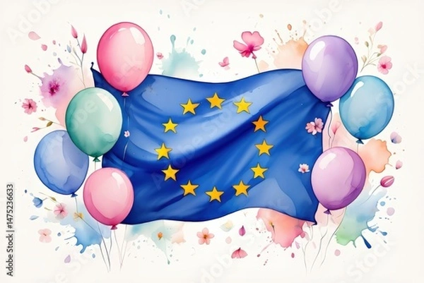 Fototapeta Colorful european union celebration with balloons and artful splashesю Celebratory illustration of the EU flag surrounded by colorful balloons and watercolor splashes, reflecting joy, solidarity, and 