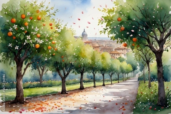 Fototapeta Peaceful watercolor scene of a walkway framed by blooming trees in an Italian town, reflecting spring, travel, and serenity.