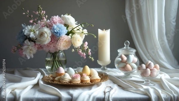 Fototapeta Easter-themed table with flowers, cakes, eggs, and a candle. Cheerful celebration setup