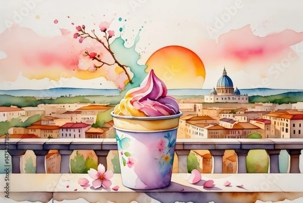 Fototapeta Sunset over roman cityscape with cherry blossom and ice cream delight. Romantic scene of a gelato cup with vibrant sunset sky over a classic Italian cityscape, capturing sweetness and travel vibes