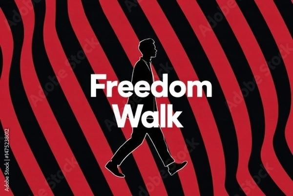 Fototapeta Bold graphic illustration showing a silhouetted figure walking across a red and black wavy background with the words “Freedom Walk,” symbolizing social justice and empowerment.