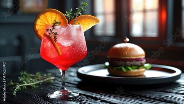 Obraz Eats and drinks. Frosty red citrus beverage with a burger on a black timber table