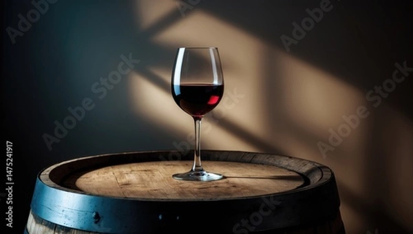Obraz Refined wine drink presented in a glass atop a wooden barrel with moody lighting