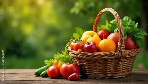 Obraz Abundant harvest basket overflowing with fresh, colorful fruits and vegetables , food, produce