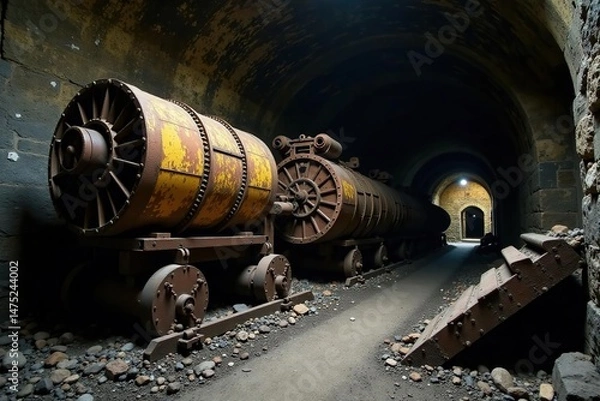 Obraz Vintage coal mining equipment, rusty and weathered, sits abandoned in a forgotten corner of a mine , industrial background, grime, history