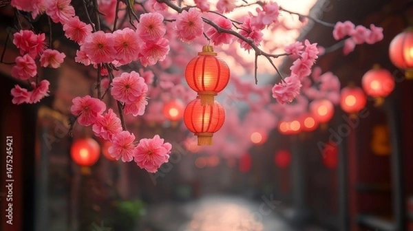 Fototapeta Flowering tree and bright paper lanterns. Illustration on the theme of nature and travel and ecology.