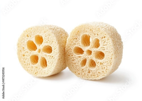 Obraz Two pale yellow, naturally-dried, flower-patterned loofahs