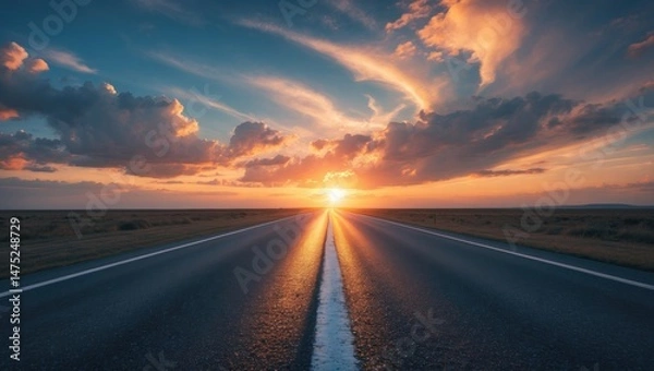 Fototapeta Urban street with textured asphalt and beautiful sunset sky backdrop