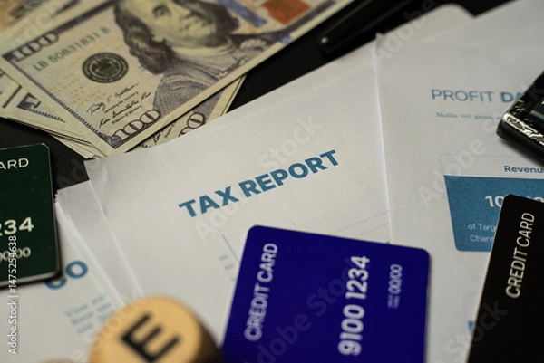 Obraz Top view of tax paperwork with "TAX REPORT" headline, American dollar bills, and credit cards scattered on the desk. The scene portrays a realistic representation of annual tax return preparation