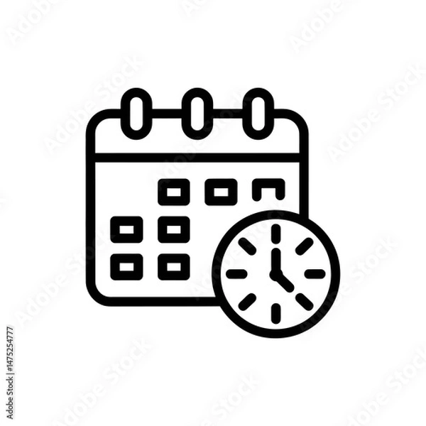 Fototapeta A simple black  icon features a calendar and a clock, representing the concept of scheduling or time management