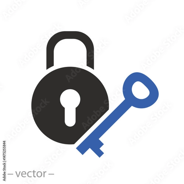 Fototapeta close padlock, key with lock icon, flat vector illustration