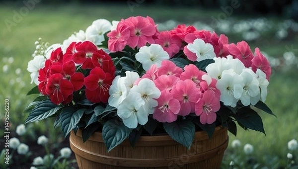 Obraz Garden pot filled with hybrid impatiens featuring red, white, and striped blooms