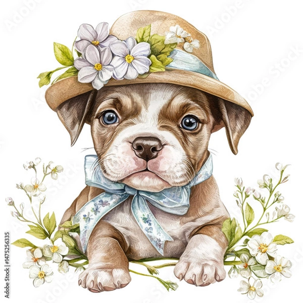 Obraz Cute puppy in floral hat with blue ribbon and blossoms around it