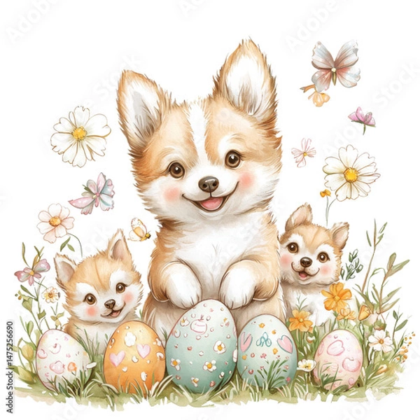 Obraz Cute Corgis with Colorful Easter Eggs and Spring Flowers