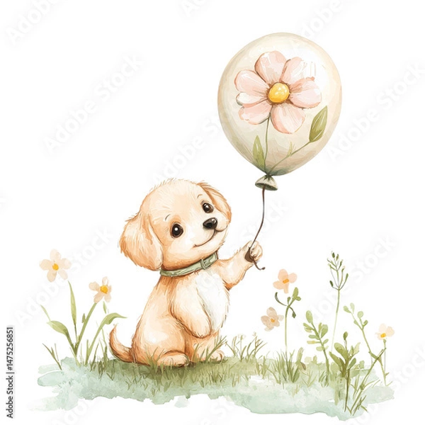 Obraz Cute Puppy Holding Balloon in Flower-Laden Meadow Scene