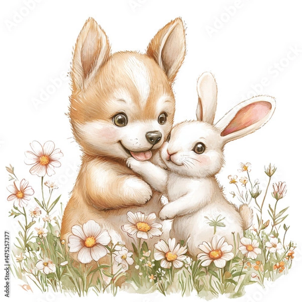 Obraz Cute Corgi and Bunny Embracing in a Flower Field Illustration