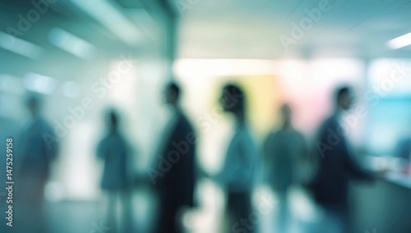 Fototapeta Office space with blurred white walls, glow, and contemporary business style