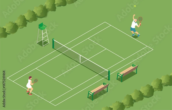 Fototapeta Isometric illustration of two diverse tennis players competing on a green outdoor court with net benches trees and umpire chair in summer sports setting