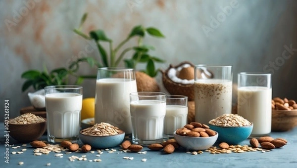 Obraz Selection of non-dairy vegan milk alternatives and ingredients on a background for natural healthy drinks concept