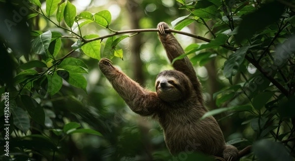 Fototapeta Sloth Hanging on Branch in Lush Green Rainforest Canopy