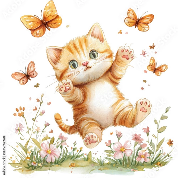 Obraz Adorable Orange Kitten Playing with Butterflies in a Flower Garden