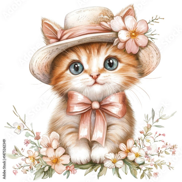 Obraz Adorable Kitten Wearing Straw Hat Surrounded by Flowers and Bow