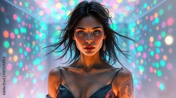 Fototapeta woman with tattoo in black top and bokeh light background for use in fashion design, digital portraits, or lifestyle editorials