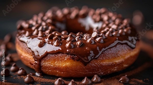Fototapeta Delicious Chocolate Donuts Sprinkled with Chocolate Shavings on Dark Background