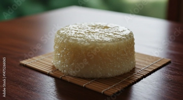 Fototapeta Close-up of Round Agar Dessert on Bamboo Mat with Soft Light