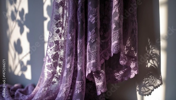 Fototapeta Shadows from the curtain on the wall illuminated by sunlight, showcasing vintage floral patterns and abstract space design