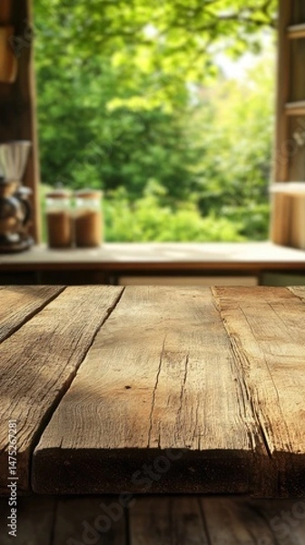 Obraz Rustic wooden table in sunlit kitchen interior with blurred garden view background for product placement or food photography