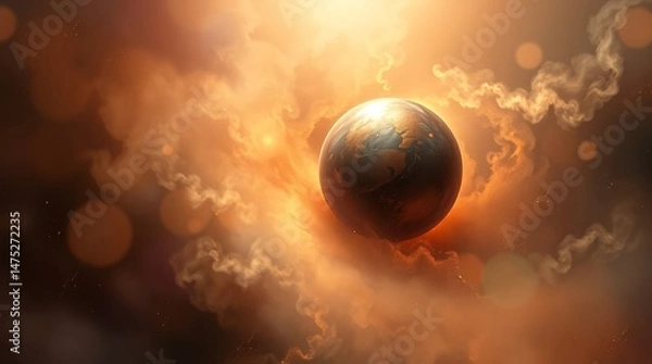 Fototapeta glowing surreal planet with orange and yellow ethereal clouds for use in sci fi, fantasy, or cosmic art projects
