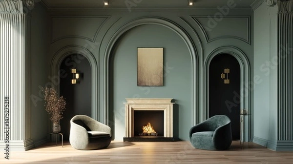 Obraz A 4K photo of two accent chairs near fireplace, room with columns and arch ceiling, art deco, minimalist interior design of modern living room, home.