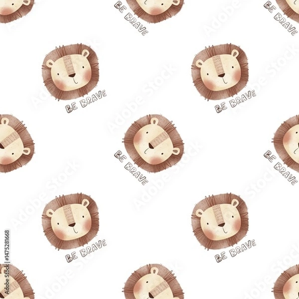 Obraz Seamless pattern with cartoon lion, decor elements. colorful illustration for kids. hand drawing, flat style. baby design for fabric, print, textile, wrapper