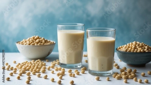 Fototapeta Vegan soy milk in a glass alongside raw soybeans and grains for a nutritious breakfast