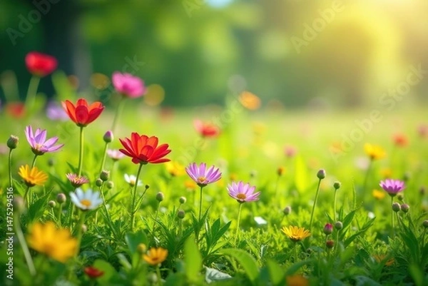 Fototapeta Diverse blooming wildflowers in a lush meadow, vibrant green grass, sunlight Eco-friendly, sustainable environment , tranquil, friendly