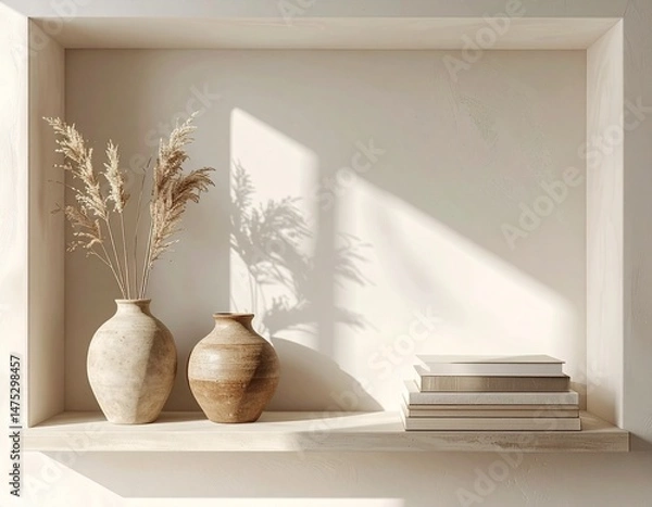 Obraz A minimalist shelf design with clay pottery, stacked neutral books, abstract deco