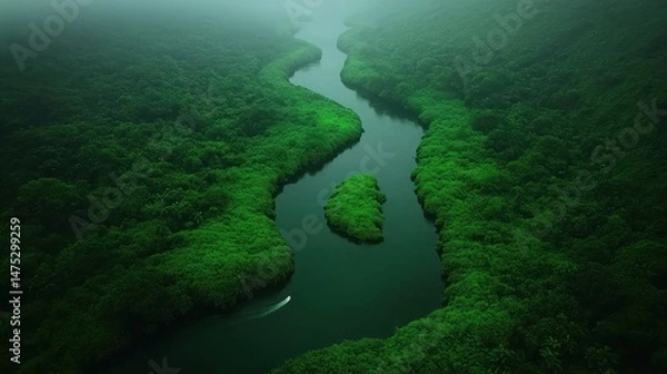 Obraz A winding river flows through dense green forest landscape
