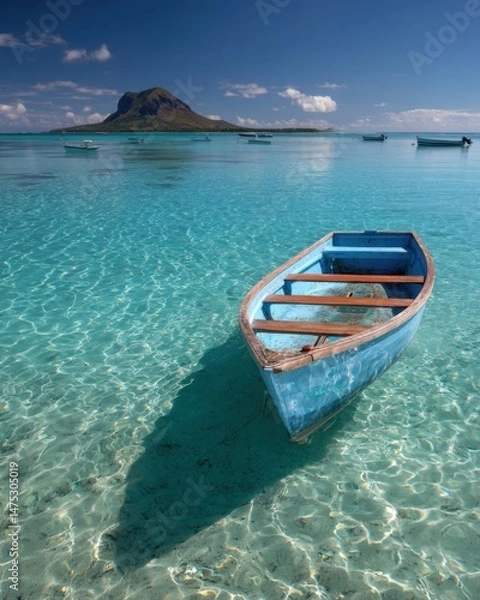 Obraz Tranquil turquoise waters with blue rowboat and mountain backdrop in Mauritius island paradise