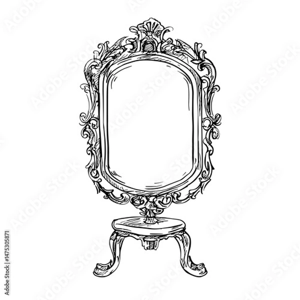 Fototapeta vector drawing sketch of an old mirror on a white background .Generative AI