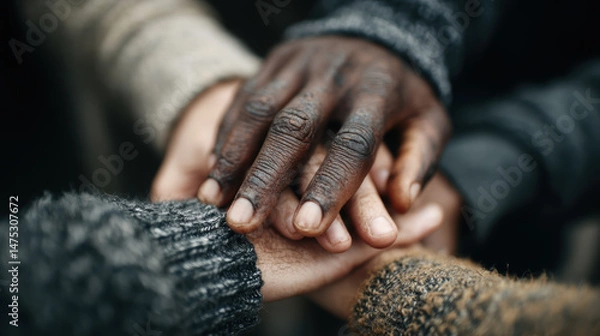 Fototapeta Diverse hands stacked together, emphasizing the power of teamwork in an inclusive work environment