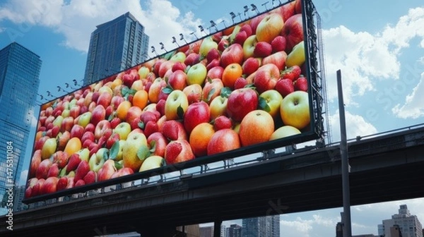 Fototapeta Giant billboard displaying colorful apples and strawberries in a city.