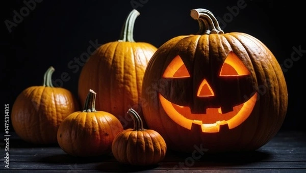 Fototapeta Seasonal collection of squash and a lantern carved with a face