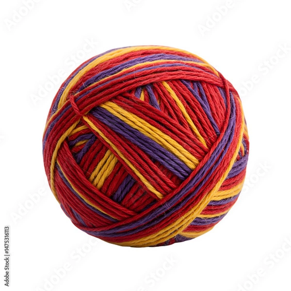 Fototapeta Colorful yarn ball with red, yellow, and purple strands
