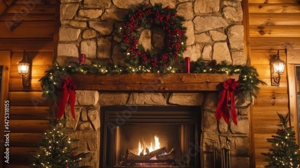 Obraz Rustic Stone Fireplace with Christmas Decor