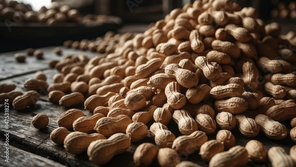 Obraz A close-up of recently gathered groundnuts with shells preserved, spread across a rustic wooden tabletop. The image focuses on the texture and organic coloration of groundnuts.
