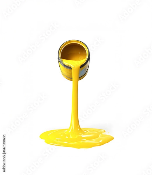 Fototapeta Yellow wall paint is leaking from a metal tin can, white background.