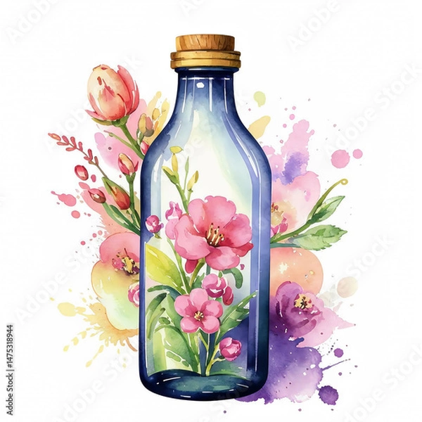 Fototapeta glass bottle with a bouquet of flowers, watercolor illustration. artificial intelligence generator, AI, neural network image. background for the design