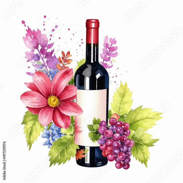 Fototapeta glass bottle with wine, grape spirits, aquarium, watercolor illustration. artificial intelligence generator, AI, neural network image. background for the design